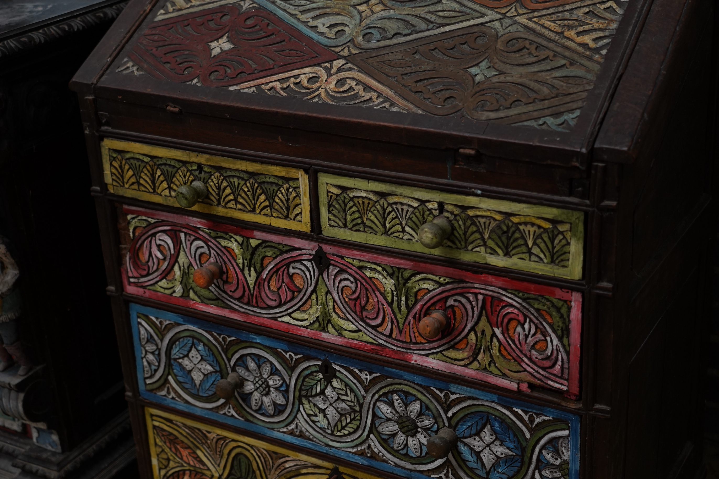 John Bratby (1928-1992): An oak bureau, polychrome decorated by the artist